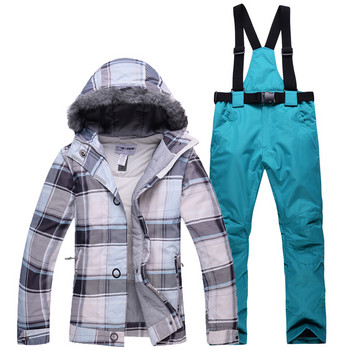 Зимни дамски професионални ски костюми Топли и ветроустойчиви водоустойчиви, устойчиви на износване ски яке с кожена яка + ски панталони Дамски
