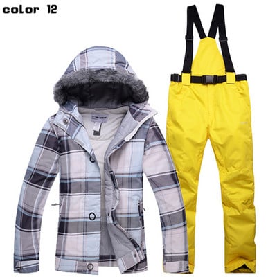 Profesionalūs žiemos moterų slidinėjimo kostiumai, šilti ir vėjui atsparūs vandeniui, sniego kailio apykakle, moteriška slidinėjimo striukė + slidinėjimo kelnės