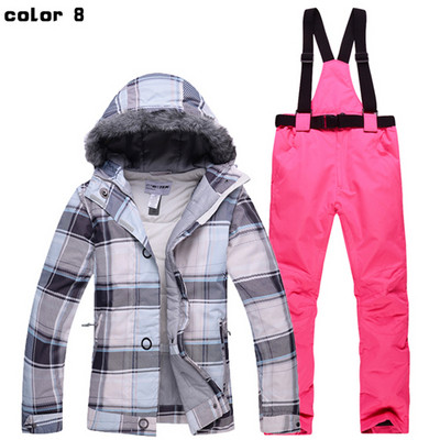 Profesionalūs žiemos moterų slidinėjimo kostiumai, šilti ir vėjui atsparūs vandeniui, sniego kailio apykakle, moteriška slidinėjimo striukė + slidinėjimo kelnės
