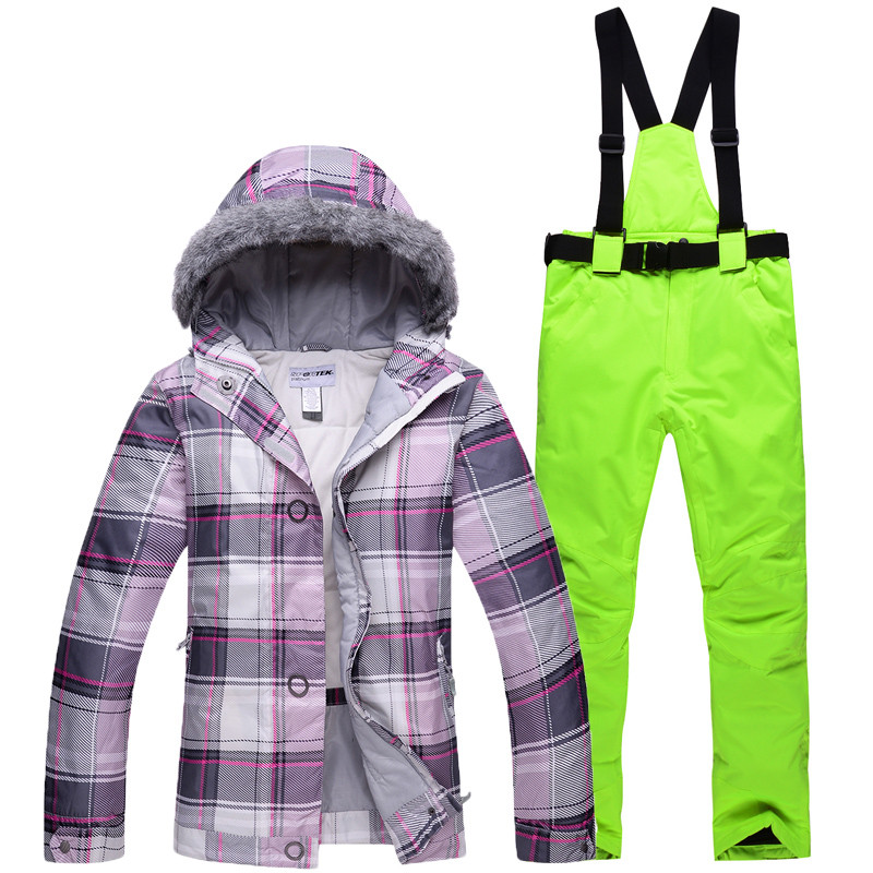 Profesionalūs žiemos moterų slidinėjimo kostiumai, šilti ir vėjui atsparūs vandeniui, sniego kailio apykakle, moteriška slidinėjimo striukė + slidinėjimo kelnės