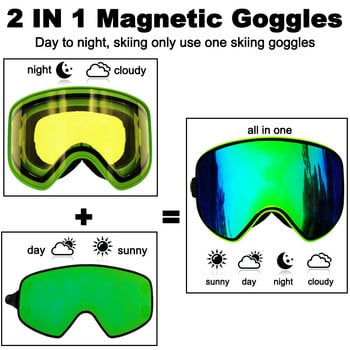 LOCLE Ски очила 2 В 1 с магнитна двойна употреба за нощни ски очила против замъгляване UV400 Ски очила за сноуборд Мъже Жени Ски очила