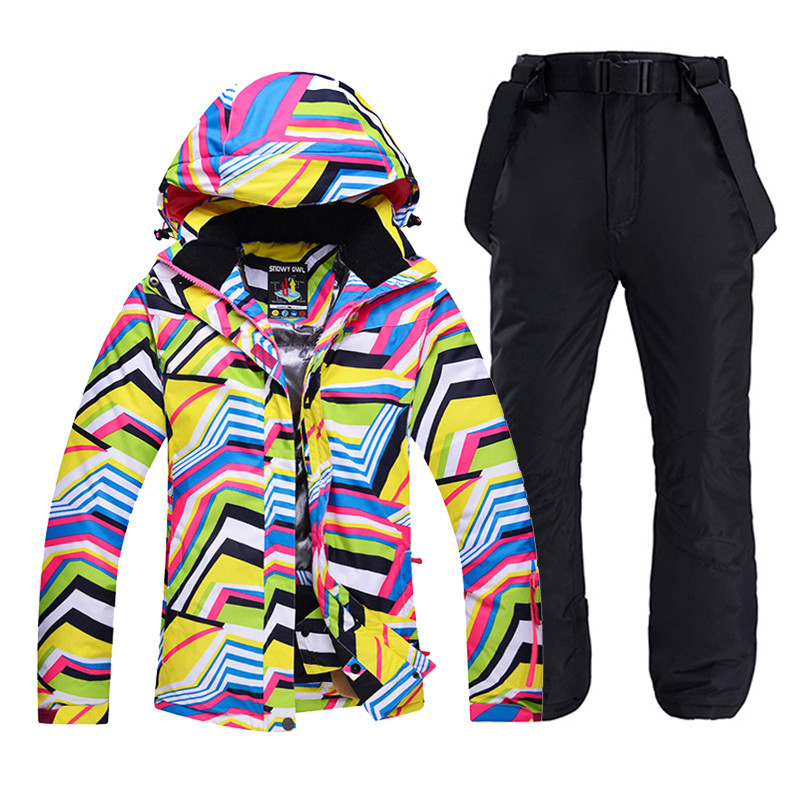 Pigesni moteriški sniego drabužiai Zebra Crossing slidinėjimo kostiumo snieglenčių rinkiniai, atsparūs vėjui ir vandeniui atspari lauko sportinių kostiumų striukė + kelnaitės su dirželiu