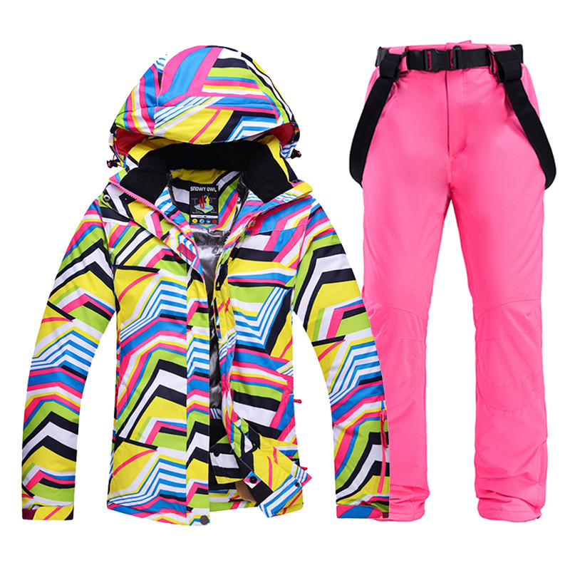 Pigesni moteriški sniego drabužiai Zebra Crossing slidinėjimo kostiumo snieglenčių rinkiniai, atsparūs vėjui ir vandeniui atspari lauko sportinių kostiumų striukė + kelnaitės su dirželiu
