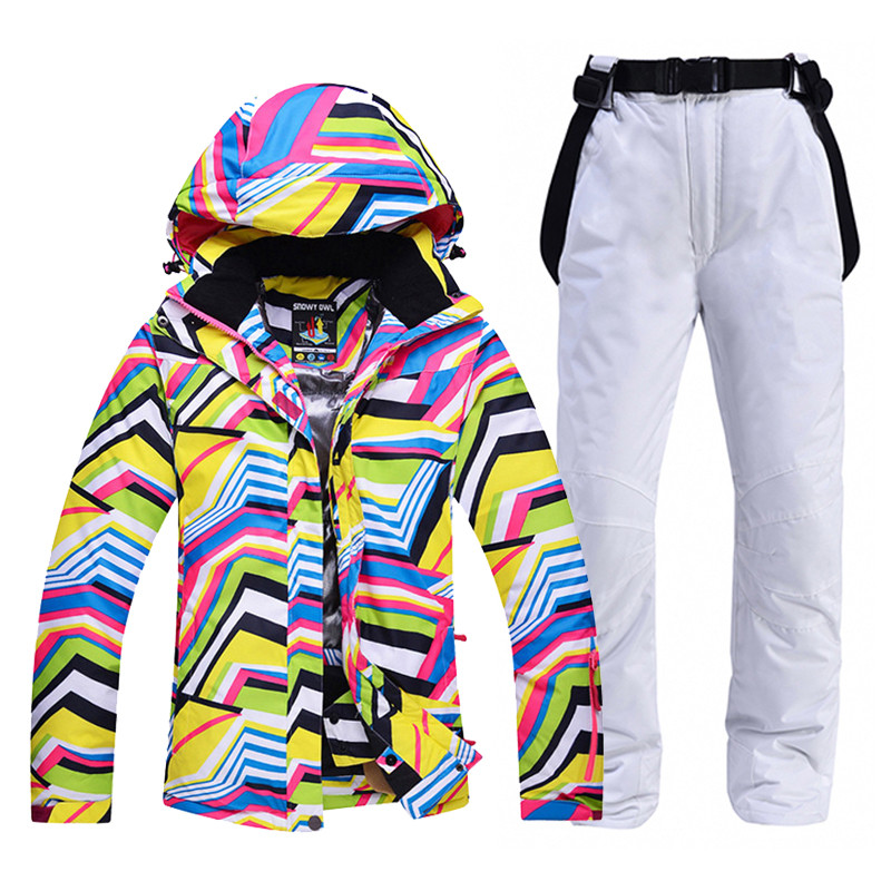 Pigesni moteriški sniego drabužiai Zebra Crossing slidinėjimo kostiumo snieglenčių rinkiniai, atsparūs vėjui ir vandeniui atspari lauko sportinių kostiumų striukė + kelnaitės su dirželiu
