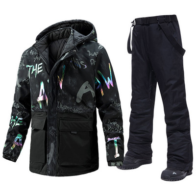 -30 laipsnių Nauja mada Vyriškas ledinis sniego kostiumas storas dėvėjimas vėjui atsparus žiemos kostiumai snieglenčių sportui drabužiai slidinėjimo striukė + kelnės su dirželiais
