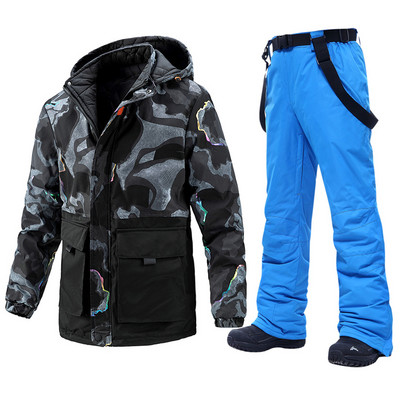 -30 laipsnių Nauja mada Vyriškas ledinis sniego kostiumas storas dėvėjimas vėjui atsparus žiemos kostiumai snieglenčių sportui drabužiai slidinėjimo striukė + kelnės su dirželiais