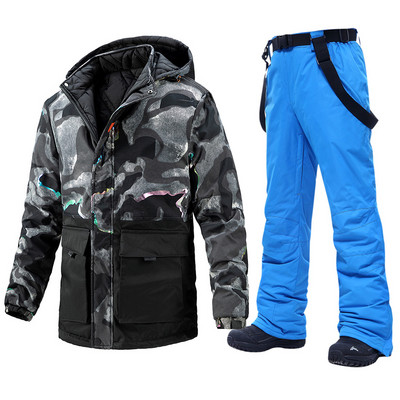-30 laipsnių Nauja mada Vyriškas ledinis sniego kostiumas storas dėvėjimas vėjui atsparus žiemos kostiumai snieglenčių sportui drabužiai slidinėjimo striukė + kelnės su dirželiais