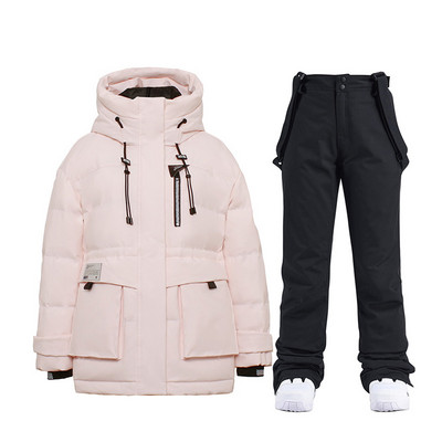 Baltos ančių pūkinės slidinėjimo striukės Moteriškos slidinėjimo kostiumas žiemai, šilti slidinėjimo snieglenčių drabužiai, vandeniui atsparūs lauko sniego striukės + kelnės prekės ženklas