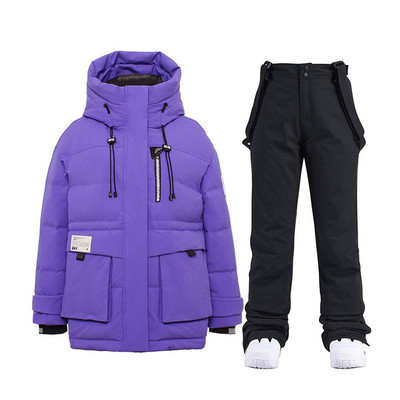 Baltos ančių pūkinės slidinėjimo striukės Moteriškos slidinėjimo kostiumas žiemai, šilti slidinėjimo snieglenčių drabužiai, vandeniui atsparūs lauko sniego striukės + kelnės prekės ženklas