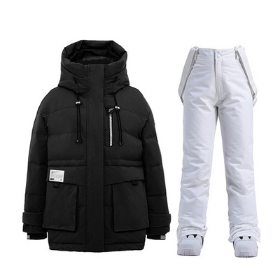 Baltos ančių pūkinės slidinėjimo striukės Moteriškos slidinėjimo kostiumas žiemai, šilti slidinėjimo snieglenčių drabužiai, vandeniui atsparūs lauko sniego striukės + kelnės prekės ženklas