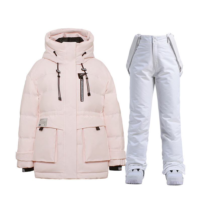 Baltos ančių pūkinės slidinėjimo striukės Moteriškos slidinėjimo kostiumas žiemai, šilti slidinėjimo snieglenčių drabužiai, vandeniui atsparūs lauko sniego striukės + kelnės prekės ženklas