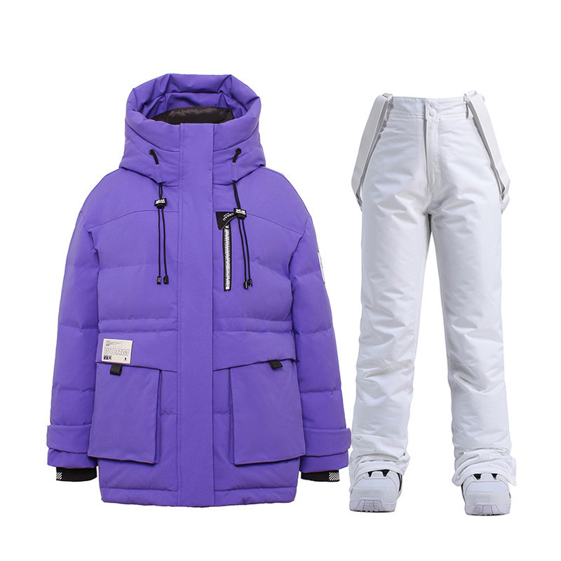 Baltos ančių pūkinės slidinėjimo striukės Moteriškos slidinėjimo kostiumas žiemai, šilti slidinėjimo snieglenčių drabužiai, vandeniui atsparūs lauko sniego striukės + kelnės prekės ženklas