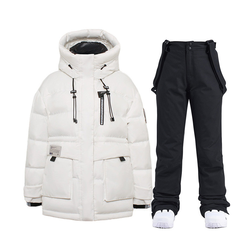 Baltos ančių pūkinės slidinėjimo striukės Moteriškos slidinėjimo kostiumas žiemai, šilti slidinėjimo snieglenčių drabužiai, vandeniui atsparūs lauko sniego striukės + kelnės prekės ženklas