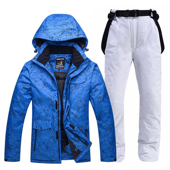 -30 Сини дамски и мъжки костюми за сняг Облекло за ски на открито Комплекти дрехи за сноуборд Водоустойчив зимен костюм Яке за сняг + панталон с презрамки