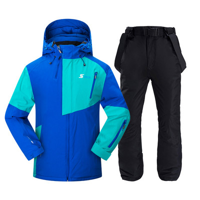 Vyriškas slidinėjimo kostiumas žiemai, šiltas, atsparus vėjui ir vandeniui atsparus gobtuvui snieglenčių striukė + kelnės Vyriškas lauko slidinėjimo sniego motociklas, kvėpuojantis sniego kostiumas