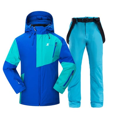 Vyriškas slidinėjimo kostiumas žiemai, šiltas, atsparus vėjui ir vandeniui atsparus gobtuvui snieglenčių striukė + kelnės Vyriškas lauko slidinėjimo sniego motociklas, kvėpuojantis sniego kostiumas