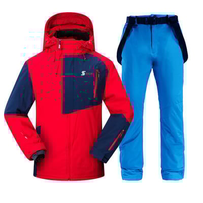 Vyriškas slidinėjimo kostiumas žiemai, šiltas, atsparus vėjui ir vandeniui atsparus gobtuvui snieglenčių striukė + kelnės Vyriškas lauko slidinėjimo sniego motociklas, kvėpuojantis sniego kostiumas