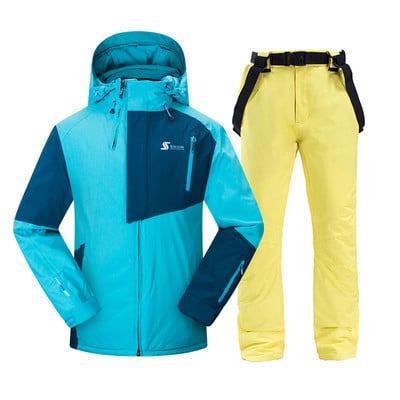 Vyriškas slidinėjimo kostiumas žiemai, šiltas, atsparus vėjui ir vandeniui atsparus gobtuvui snieglenčių striukė + kelnės Vyriškas lauko slidinėjimo sniego motociklas, kvėpuojantis sniego kostiumas