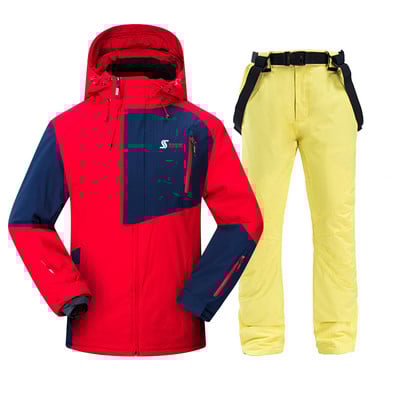 Vyriškas slidinėjimo kostiumas žiemai, šiltas, atsparus vėjui ir vandeniui atsparus gobtuvui snieglenčių striukė + kelnės Vyriškas lauko slidinėjimo sniego motociklas, kvėpuojantis sniego kostiumas