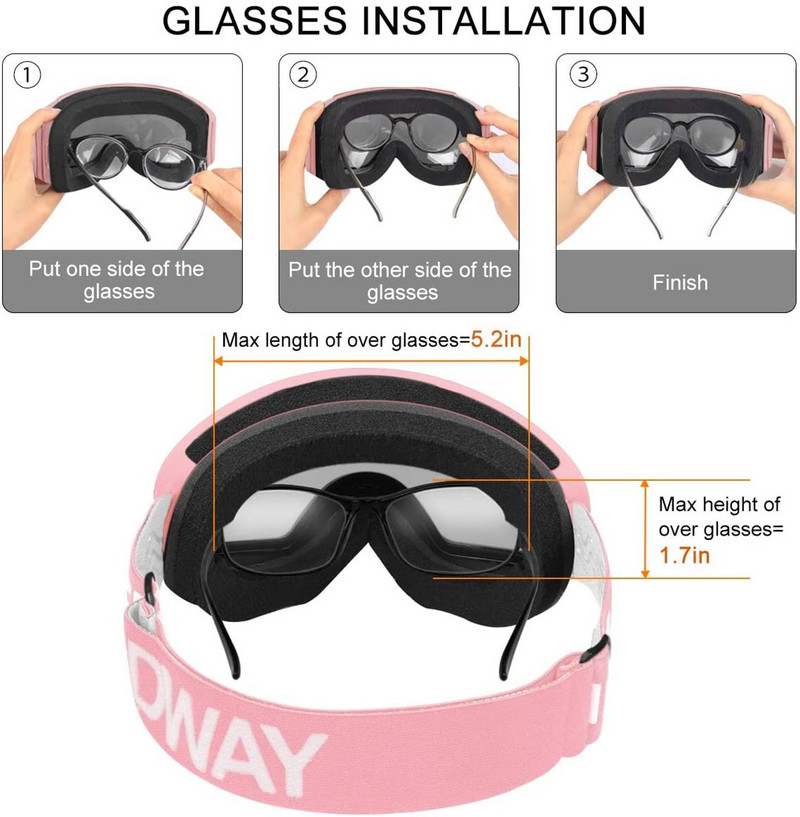 findway Vaikiški slidinėjimo akiniai OTG Design Anti-Fog UV400 Protection žieminiai snieglenčių akiniai 8-14 metų berniukams mergaitėms vaikams jaunimui