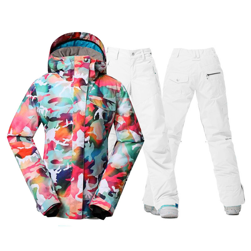Madingi kamufliažiniai moteriški sniego kostiumai, 10K neperšlampami, vėjui atsparūs slidinėjimo rinkiniai