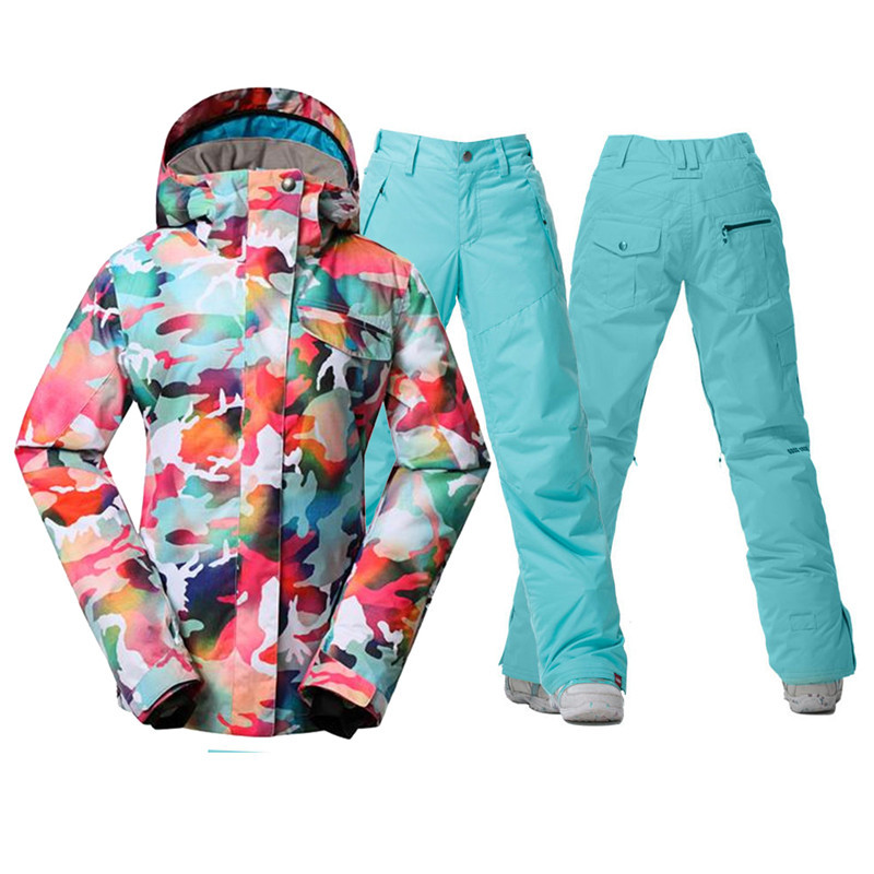 Madingi kamufliažiniai moteriški sniego kostiumai, 10K neperšlampami, vėjui atsparūs slidinėjimo rinkiniai