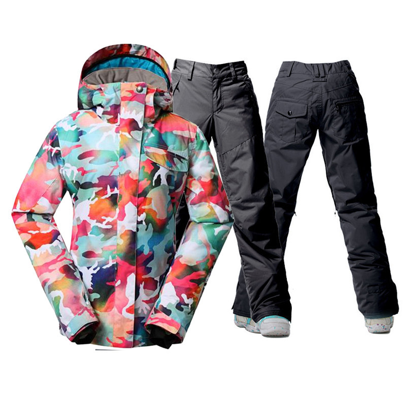 Madingi kamufliažiniai moteriški sniego kostiumai, 10K neperšlampami, vėjui atsparūs slidinėjimo rinkiniai