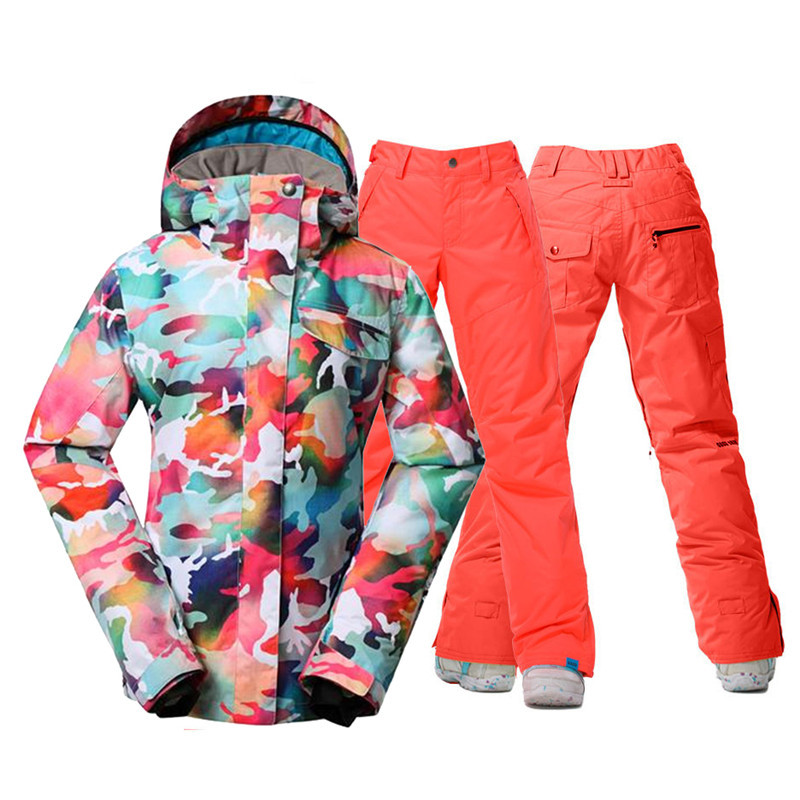 Madingi kamufliažiniai moteriški sniego kostiumai, 10K neperšlampami, vėjui atsparūs slidinėjimo rinkiniai