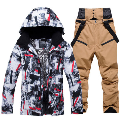 -30 laipsnių žiemos šiltas vyriškas sniego kostiumo rinkinys, snieglenčių dėvėjimas, neperšlampamas vėjui atsparus lauko slidinėjimo striukė ir vyriškos kelnės su antkrūtiniais