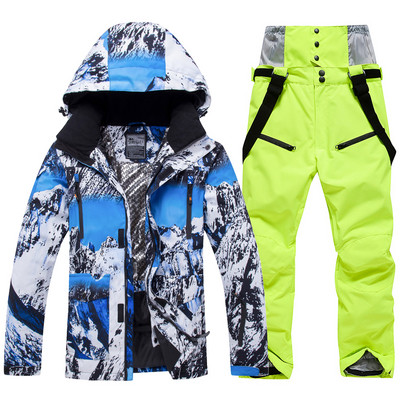 -30 laipsnių žiemos šiltas vyriškas sniego kostiumo rinkinys, snieglenčių dėvėjimas, neperšlampamas vėjui atsparus lauko slidinėjimo striukė ir vyriškos kelnės su antkrūtiniais