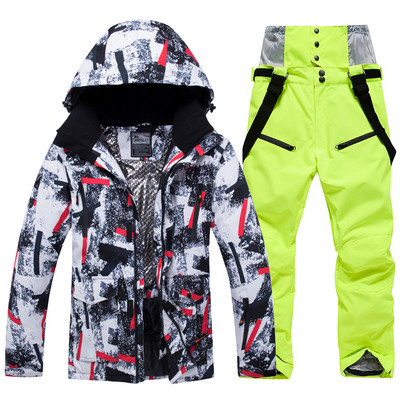 -30 laipsnių žiemos šiltas vyriškas sniego kostiumo rinkinys, snieglenčių dėvėjimas, neperšlampamas vėjui atsparus lauko slidinėjimo striukė ir vyriškos kelnės su antkrūtiniais