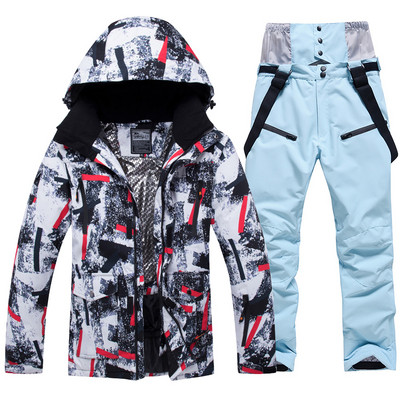 -30 laipsnių žiemos šiltas vyriškas sniego kostiumo rinkinys, snieglenčių dėvėjimas, neperšlampamas vėjui atsparus lauko slidinėjimo striukė ir vyriškos kelnės su antkrūtiniais