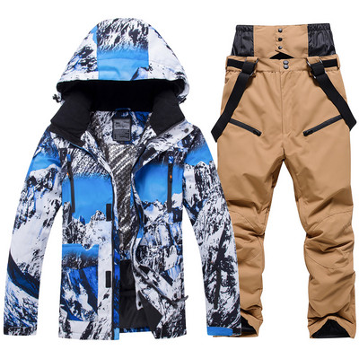 -30 laipsnių žiemos šiltas vyriškas sniego kostiumo rinkinys, snieglenčių dėvėjimas, neperšlampamas vėjui atsparus lauko slidinėjimo striukė ir vyriškos kelnės su antkrūtiniais