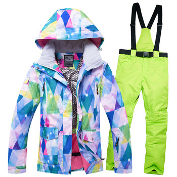 -30 Γυναικεία ρούχα για χιόνι Αδιάβροχα αντιανεμικά ρούχα Χειμερινό outdoor Φορέστε σετ κοστουμιών Snowboarding Μπουφάν για σκι και παντελόνι με λουράκι