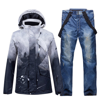 -30 madingų vyrų ir moterų sniego aprangos drabužių, snieglenčių kostiumų rinkinių, neperšlampamų nuo vėjo žiemos kostiumų slidinėjimo striukė + kelnaitės su dirželiu