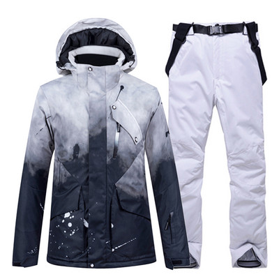 -30 madingų vyrų ir moterų sniego aprangos drabužių, snieglenčių kostiumų rinkinių, neperšlampamų nuo vėjo žiemos kostiumų slidinėjimo striukė + kelnaitės su dirželiu