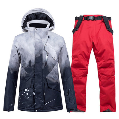 -30 madingų vyrų ir moterų sniego aprangos drabužių, snieglenčių kostiumų rinkinių, neperšlampamų nuo vėjo žiemos kostiumų slidinėjimo striukė + kelnaitės su dirželiu