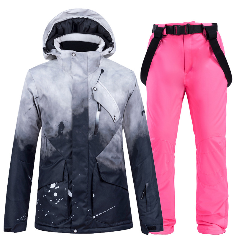 -30 madingų vyrų ir moterų sniego aprangos drabužių, snieglenčių kostiumų rinkinių, neperšlampamų nuo vėjo žiemos kostiumų slidinėjimo striukė + kelnaitės su dirželiu