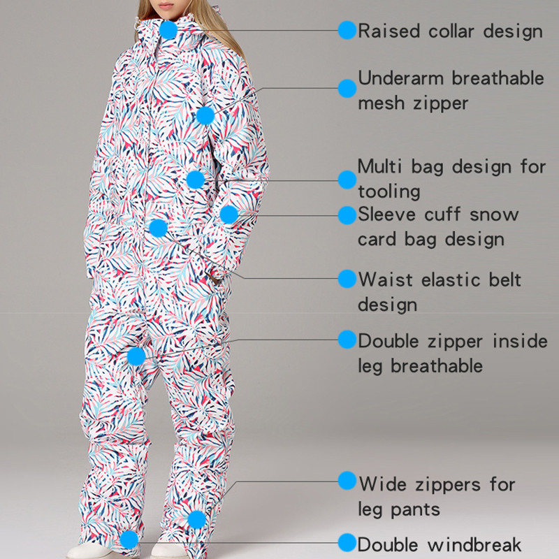 Moteriškas vientisas slidinėjimo kostiumas kalnų slidinėjimo striukė ir snieglenčių kelnės, moteriškos vėjui atsparios, vandeniui atsparios storos komplektacijos žiemos sniego kombinezonas