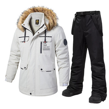 Νέα ανδρική στολή σκι Χειμερινή αντιανεμική αδιάβροχη χοντρή μπουφάν ζεστό φλις παντελόνι χιονιού Εξωτερική φόρμα για σνόουμπορντ
