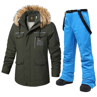 Naujas vyriškas slidinėjimo kostiumas, žieminis, atsparus vėjui, vandeniui, storas šiltas vilnonis striukė Sniego kelnės lauko snieglenčių dėvėjimui slidinėjimo kombinezonai