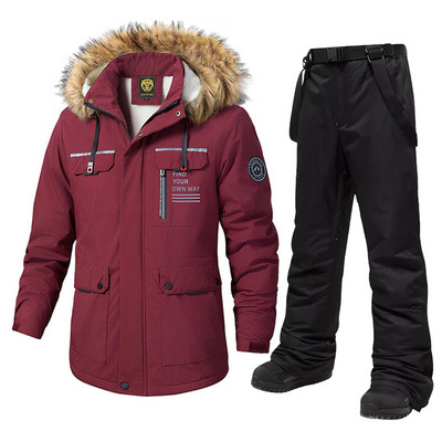 Naujas vyriškas slidinėjimo kostiumas, žieminis, atsparus vėjui, vandeniui, storas šiltas vilnonis striukė Sniego kelnės lauko snieglenčių dėvėjimui slidinėjimo kombinezonai