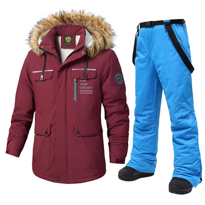 Naujas vyriškas slidinėjimo kostiumas, žieminis, atsparus vėjui, vandeniui, storas šiltas vilnonis striukė Sniego kelnės lauko snieglenčių dėvėjimui slidinėjimo kombinezonai