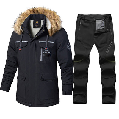 Naujas vyriškas slidinėjimo kostiumas, žieminis, atsparus vėjui, vandeniui, storas šiltas vilnonis striukė Sniego kelnės lauko snieglenčių dėvėjimui slidinėjimo kombinezonai