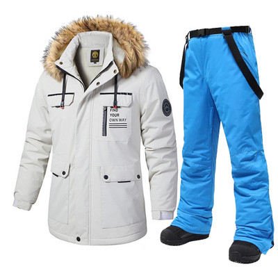 Naujas vyriškas slidinėjimo kostiumas, žieminis, atsparus vėjui, vandeniui, storas šiltas vilnonis striukė Sniego kelnės lauko snieglenčių dėvėjimui slidinėjimo kombinezonai