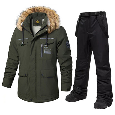 Naujas vyriškas slidinėjimo kostiumas, žieminis, atsparus vėjui, vandeniui, storas šiltas vilnonis striukė Sniego kelnės lauko snieglenčių dėvėjimui slidinėjimo kombinezonai