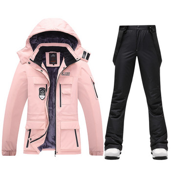 Νέα γυναικεία στολή σκι Χειμερινά φλις μπουφάν για σκι και παντελόνια με λουράκια Ζεστό αδιάβροχο μπουφάν για σνόουμπορντ Γυναικεία μάρκα για πεζοπορία σε εξωτερικό χώρο