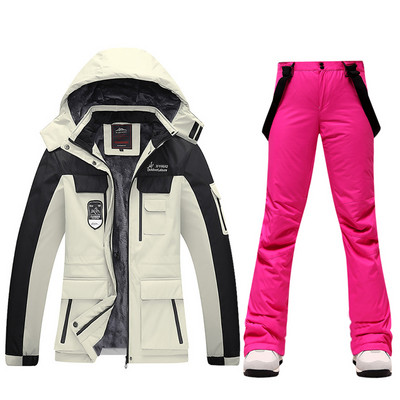 Naujas moterų slidinėjimo kostiumas žieminės vilnos slidinėjimo striukės ir kelnės su dirželiais Šiltos vandeniui atsparios snieglenčių striukės moterims lauke žygių kempingų prekės ženklas