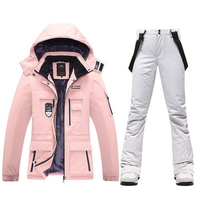 Naujas moterų slidinėjimo kostiumas žieminės vilnos slidinėjimo striukės ir kelnės su dirželiais Šiltos vandeniui atsparios snieglenčių striukės moterims lauke žygių kempingų prekės ženklas