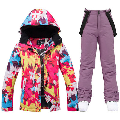Storas šiltas slidinėjimo kostiumas moterims, vandeniui atsparus šiluminės striukės kelnių rinkinys Moteriški sniego drabužiai lauko snieglenčių apranga Firminė slidinėjimo apranga
